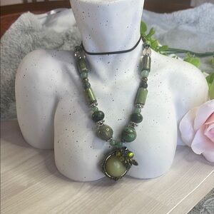 Natural Green Stone Necklace with Irregular Beads and Circular Pendant